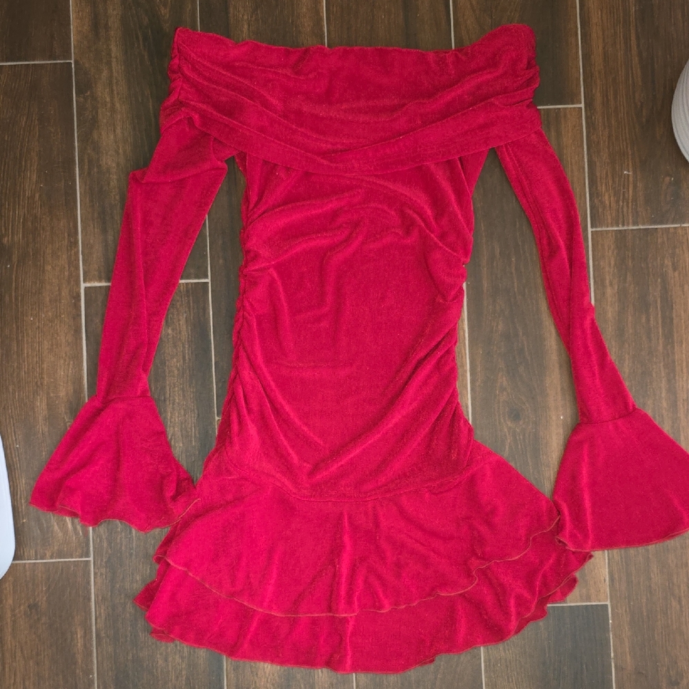 Red Off-Shoulder Dress with Bell Sleeves